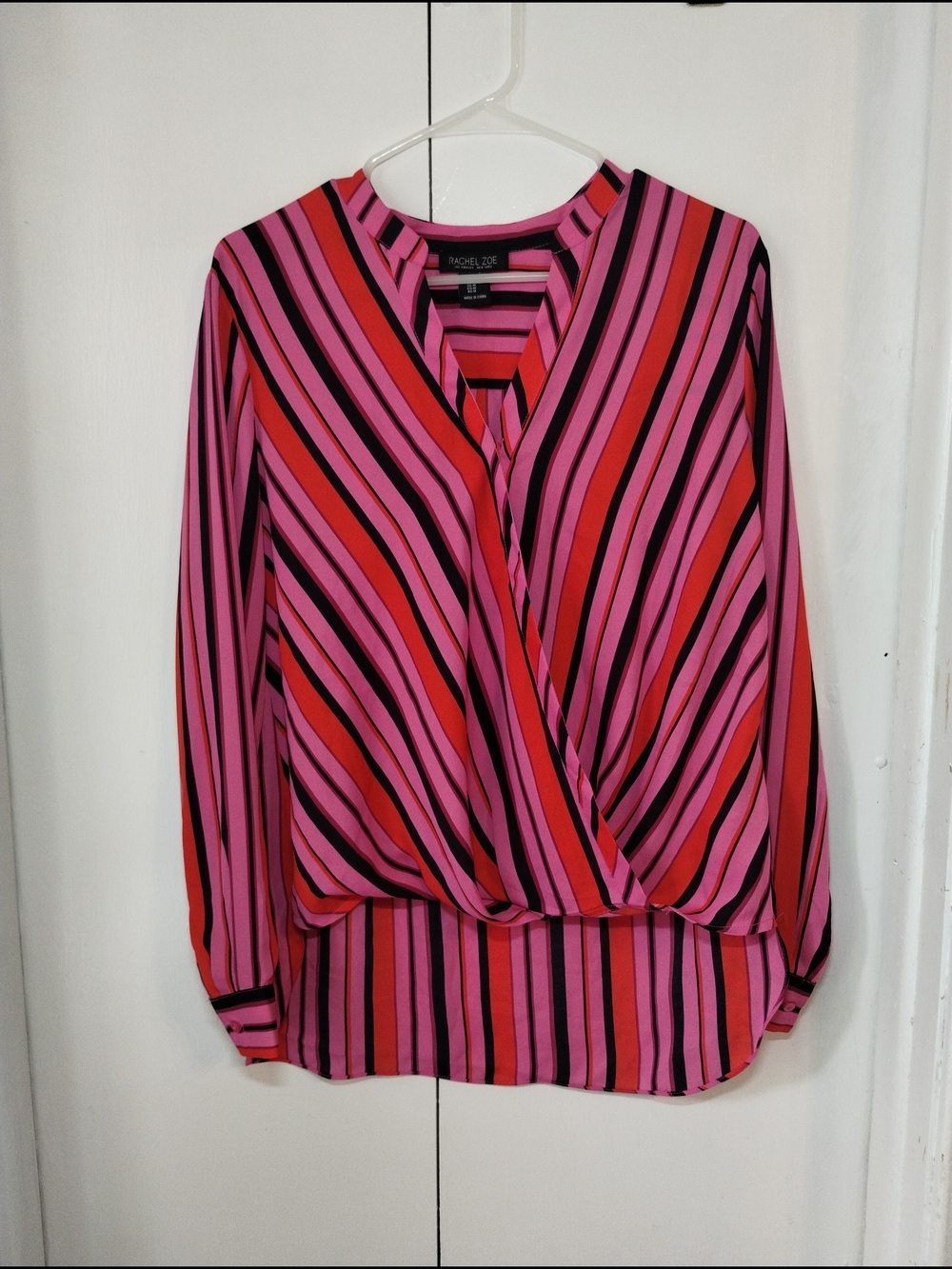 Rachel Zoe Pink and Red Striped Wrap-Front Blouse